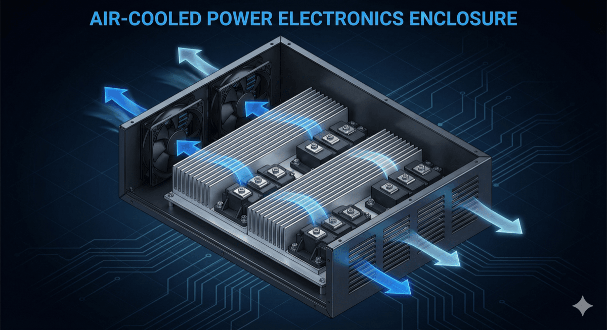 Air-cooled power electronics enclosure with heat sinks and fans