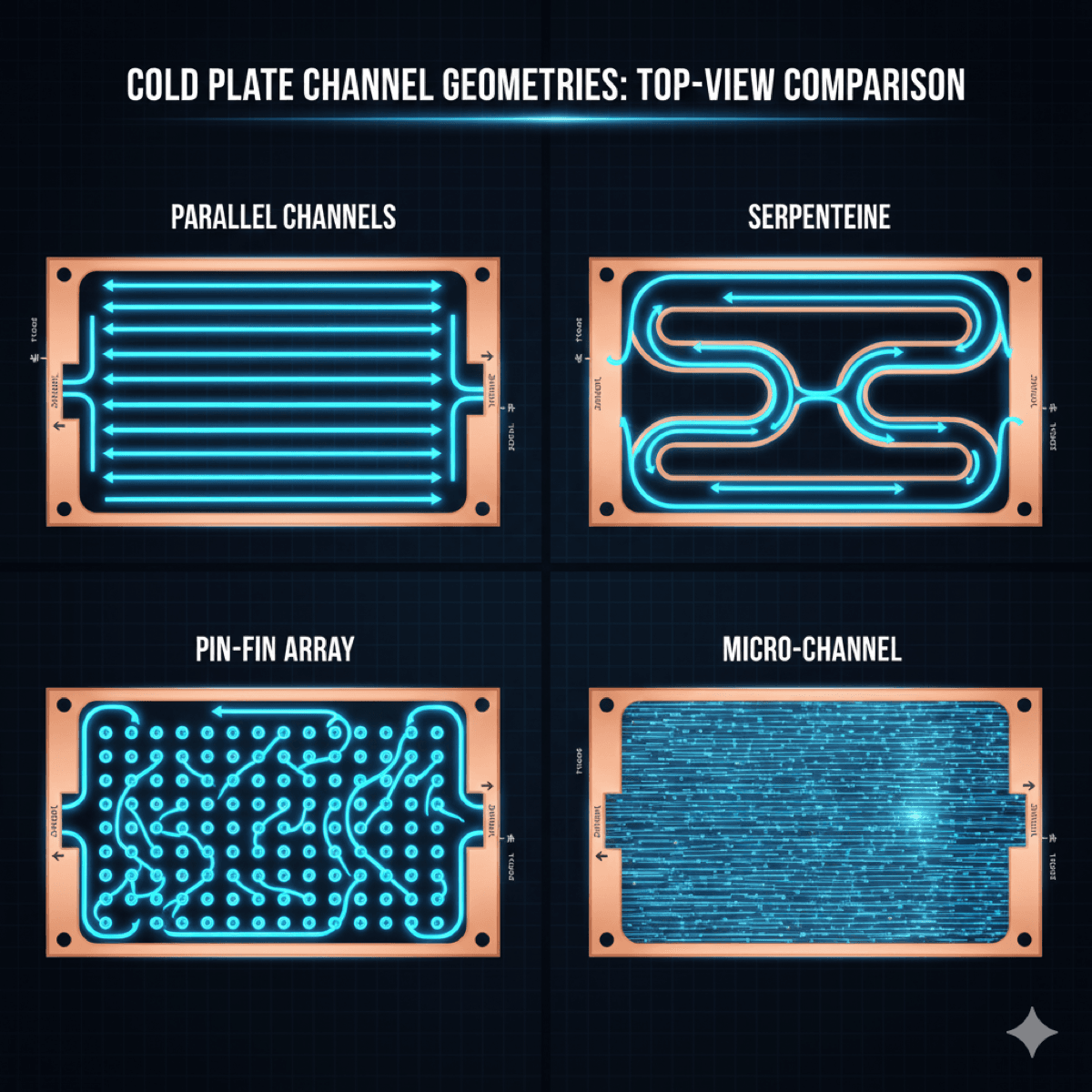 Cold plate channel geometries