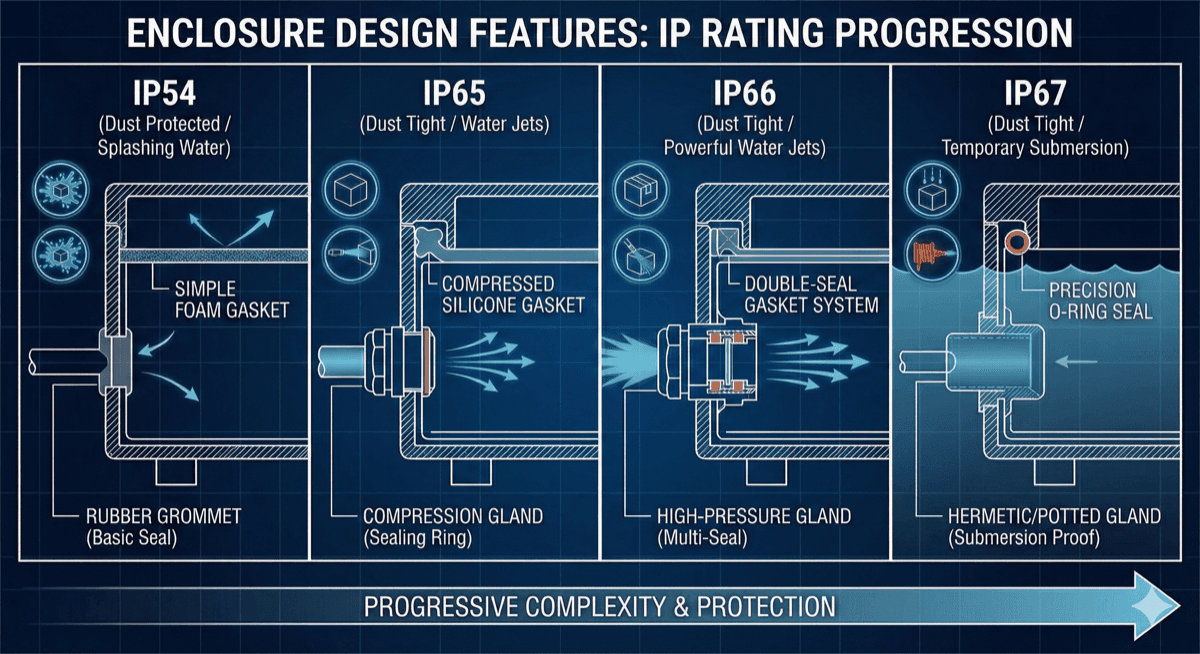 Enclosure features for different IP ratings